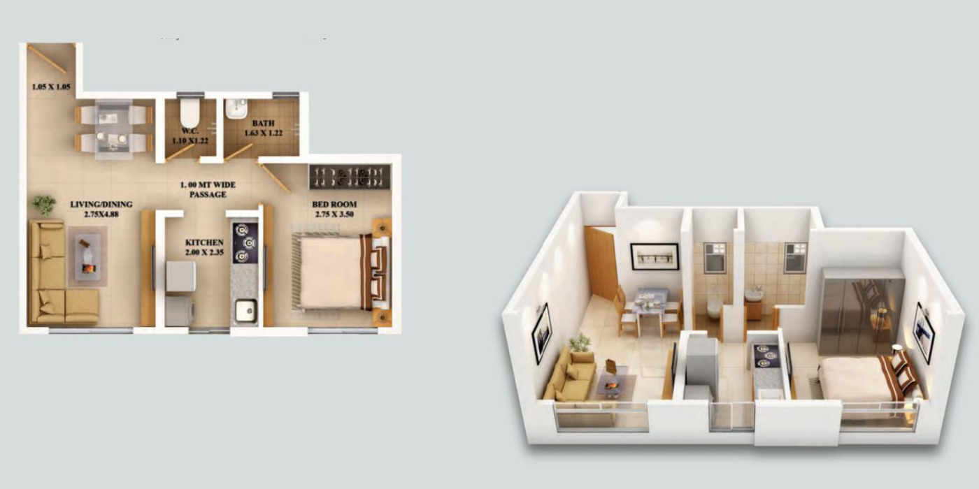 1 BHK (Merlin) 393 Sq. Ft. (Carpet).