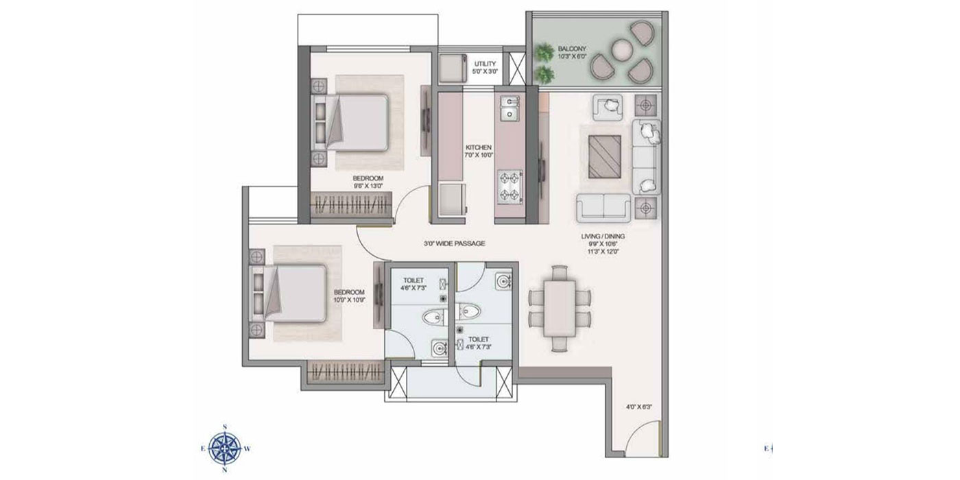 Kashish park - 2BHK - 801 Sq Ft Unit Plan