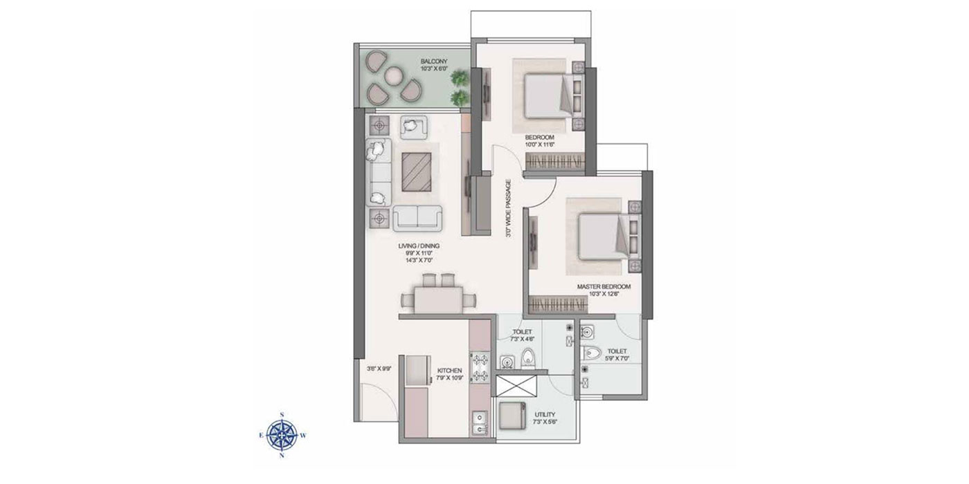 Kashish park - 2BHK - 832 Sq Ft Unit Plan