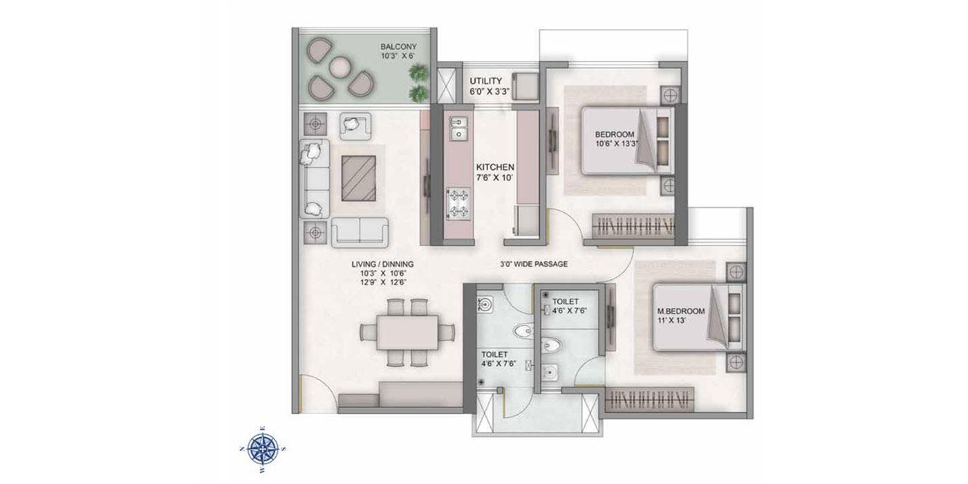 Kashish park - 2BHK - 859 Sq Ft Unit Plan