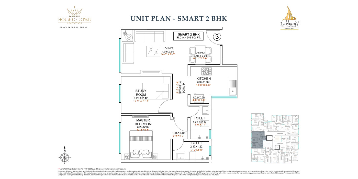 Lakhani -2BHK - 583 Sq ft - Unit Plan