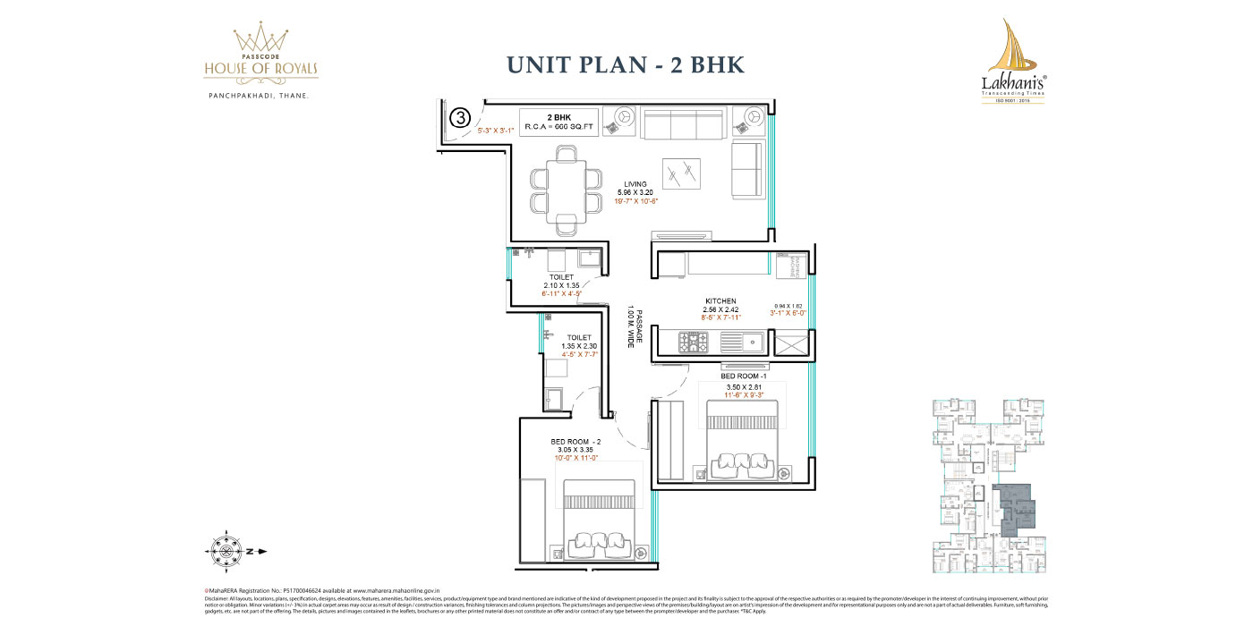 Lakhani -2BHK - 666 Sq ft - Unit Plan