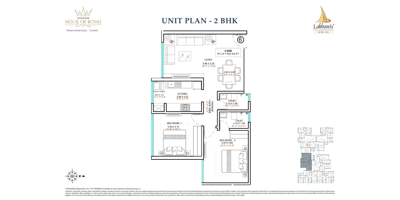 Lakhani -2BHK - 682 Sq ft - Unit Plan