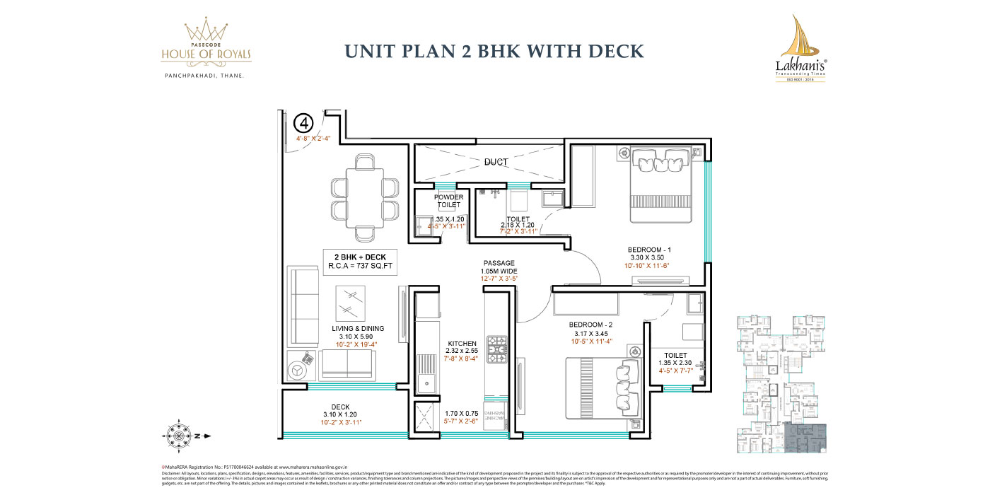 Lakhani -2BHK - 737Sq ft - Unit Plan