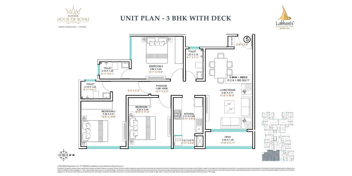 Lakhani -3BHK - 900Sq ft - Unit Plan