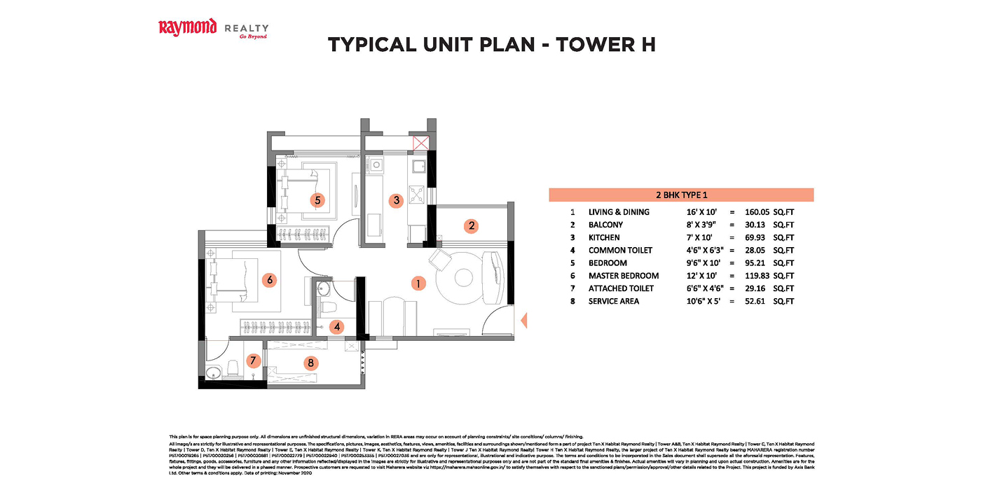 Raymond TenX Habitat - 2BHK - 595 Sq Ft- Unit Plan