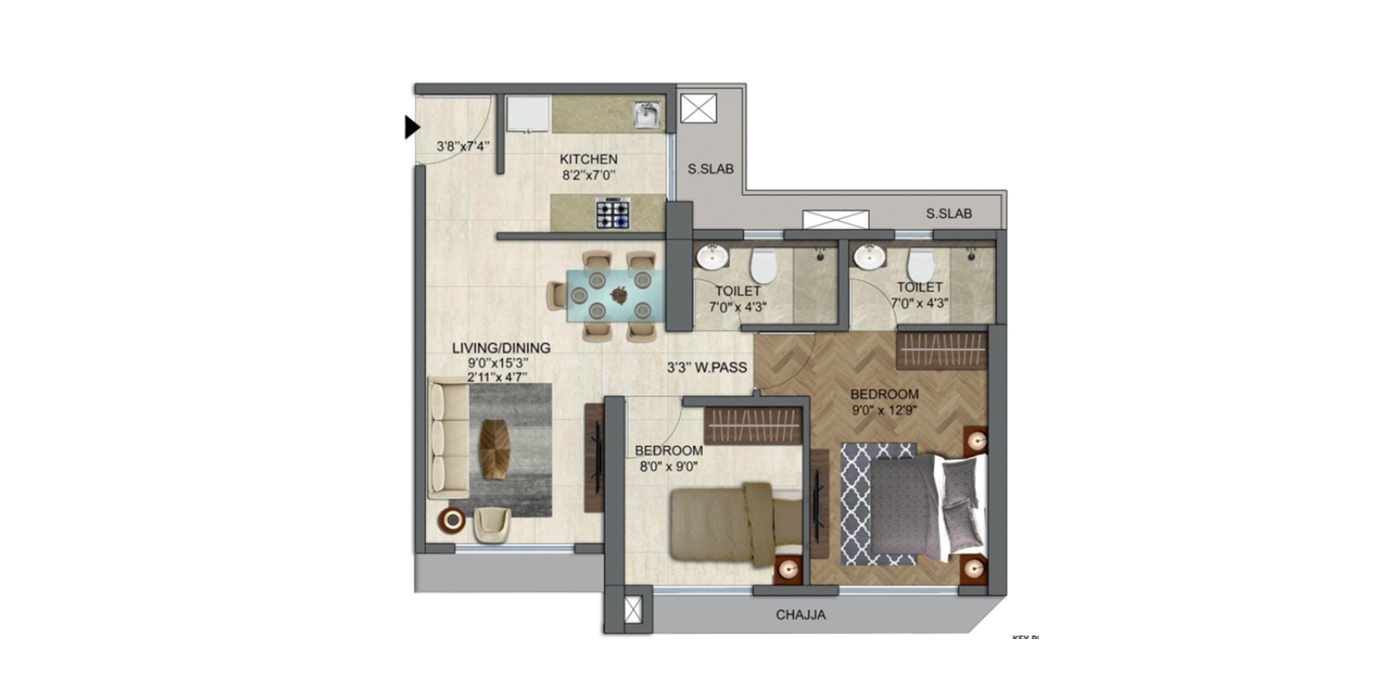 Runwal Enchanted - 2BHK - 618 Sq Ft - Unit Plan.
