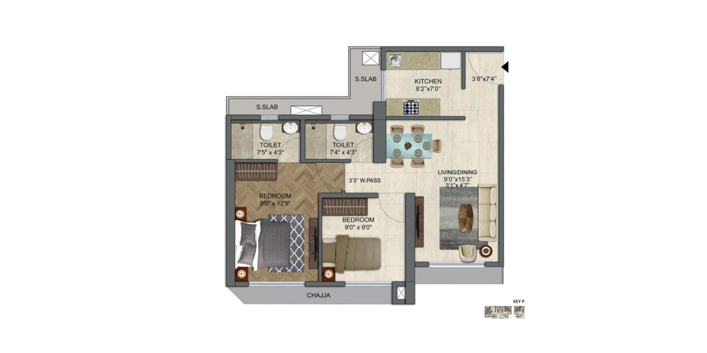 Runwal Enchanted - 2BHK - 636 Sq Ft - Unit Plan.