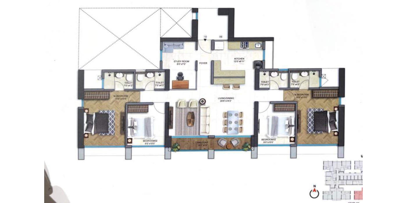Runwal25 hours Life- 2+2BHK Jodi Flat - 1244 Sq Ft -Unit Plan.