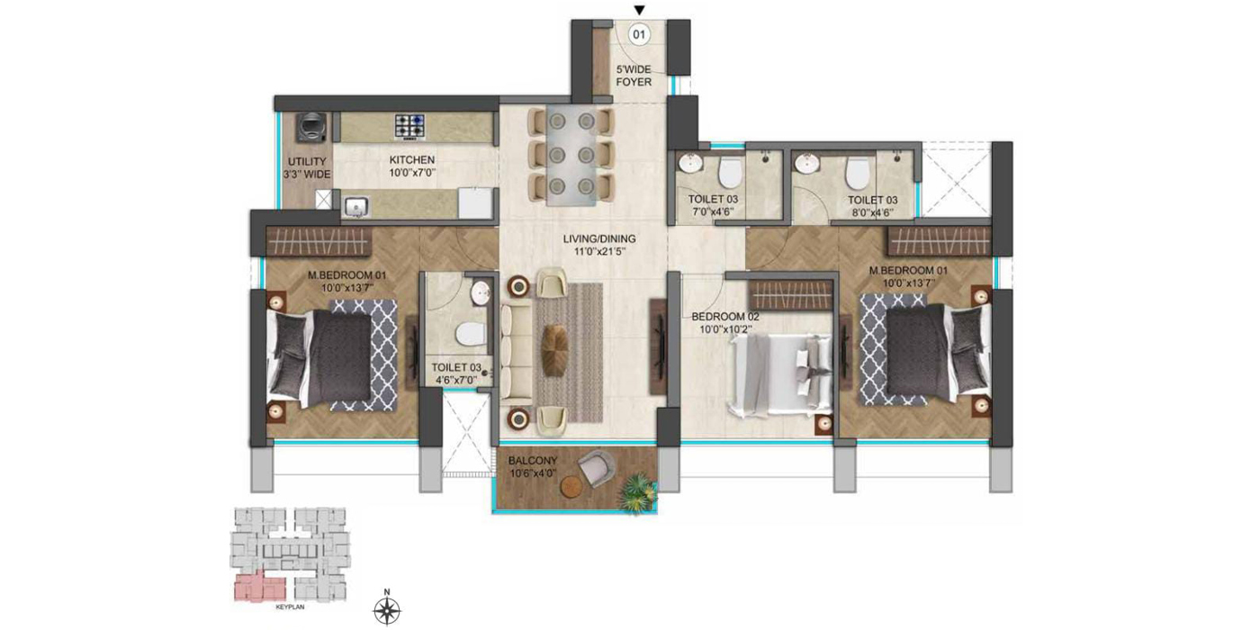 Runwal25 hours Life- 3BHK - 951 Sq Ft -Unit Plan.