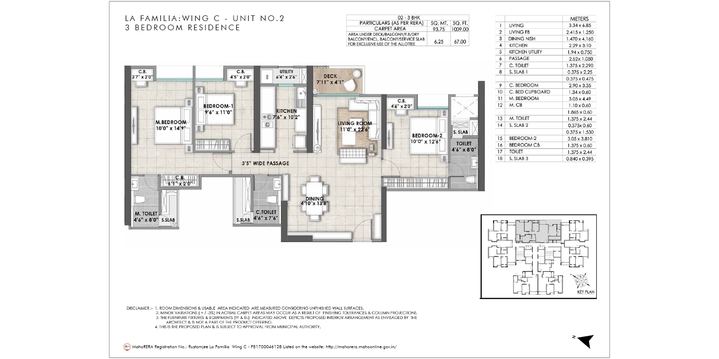 Rustomjee La Familia - 3BHK - 1076 Sq Ft - Unit Plan