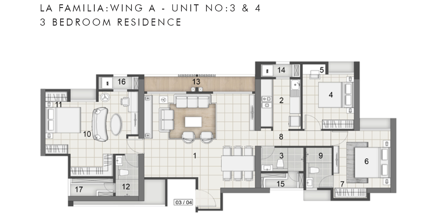 Rustomjee La Familia - 3BHK - 1161 Sq Ft - Unit Plan