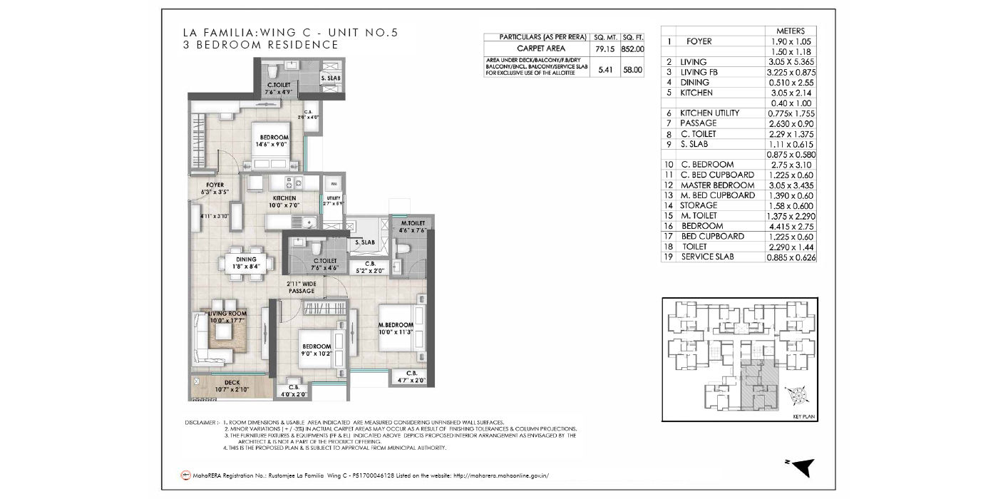 Rustomjee La Familia - 3BHK - 910 Sq Ft - Unit Plan