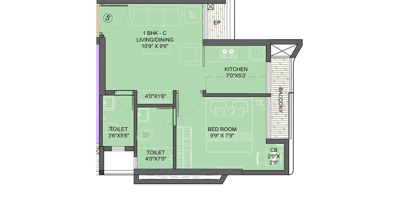 1 BHK 320 Sq. ft. (Carpet)