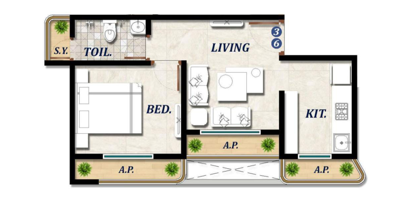 1 BHK 362 Sq. ft. (Carpet).