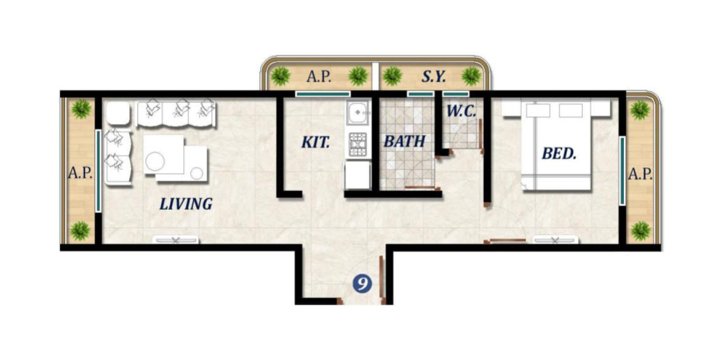 1 BHK 470 Sq. ft. (Carpet).