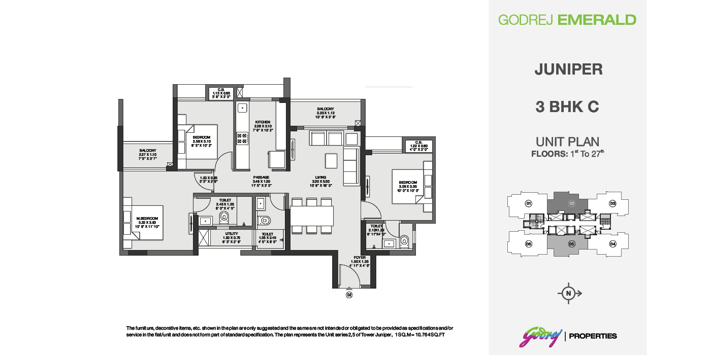 3BHK - 908 Sqft - Unit Plan