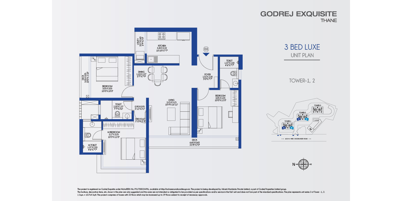 3BHK - 922 Sq ft - Unit Plan